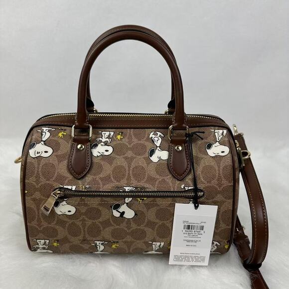 Coach X Peanuts Rowan Satchel Bag Signature Canvas With Snoopy Print Tan CBM33 - Picture 3 of 11